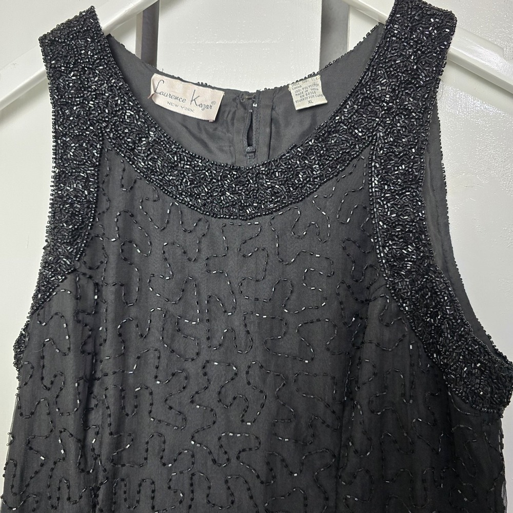 Lawrence Kazar Silk Beaded Mini Dress XL Black Cocktail Formal Glam Whimsigoth